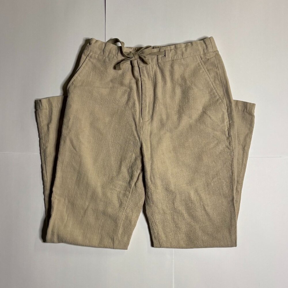 Linen Drawstring Elastic Utility Pants in Beige Tan | Small